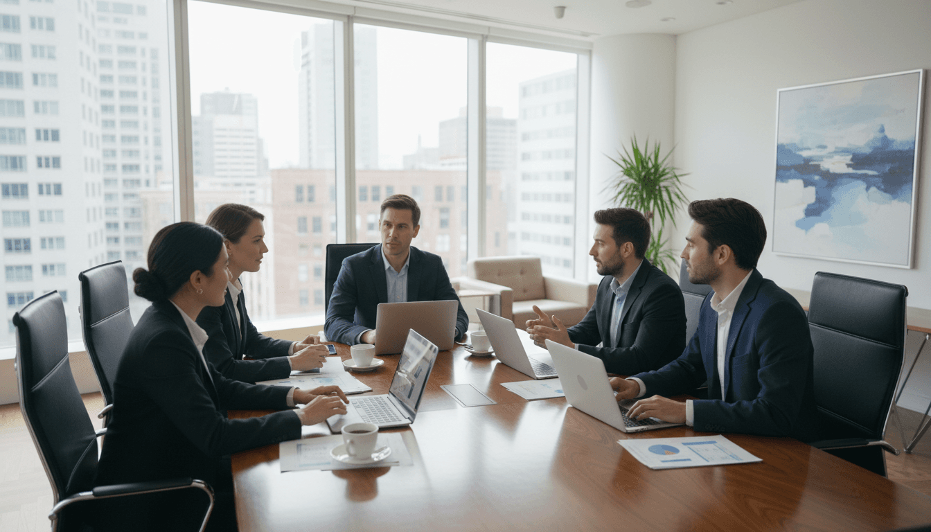 Business team collaborating around a table with laptops in a modern office