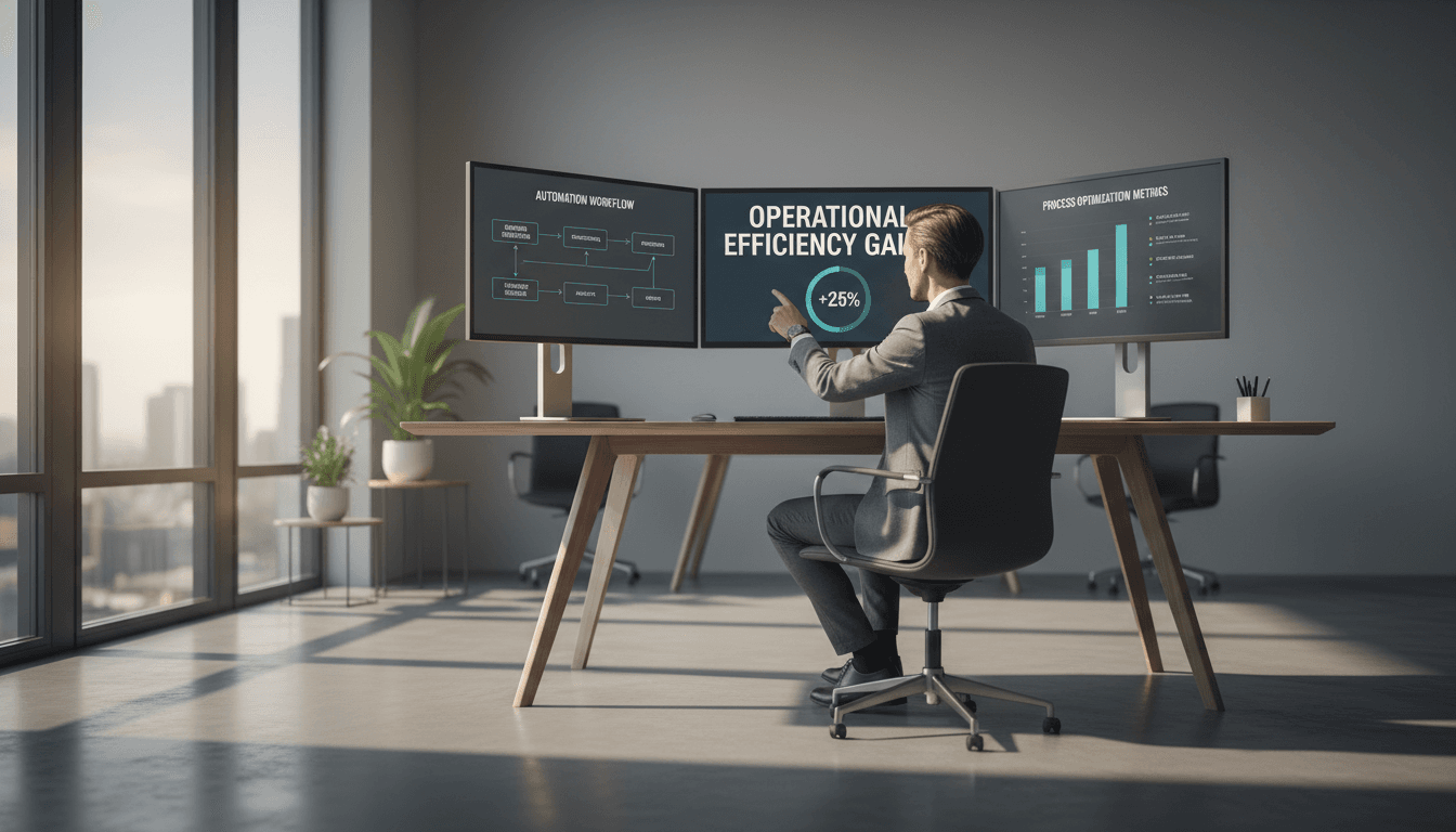 Business professional analyzing automation workflow on digital dashboard